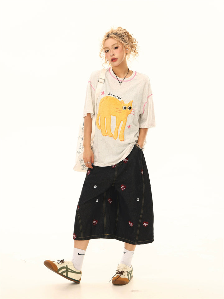 Kitten Embroidery Loose Short Sleeve T-shirt