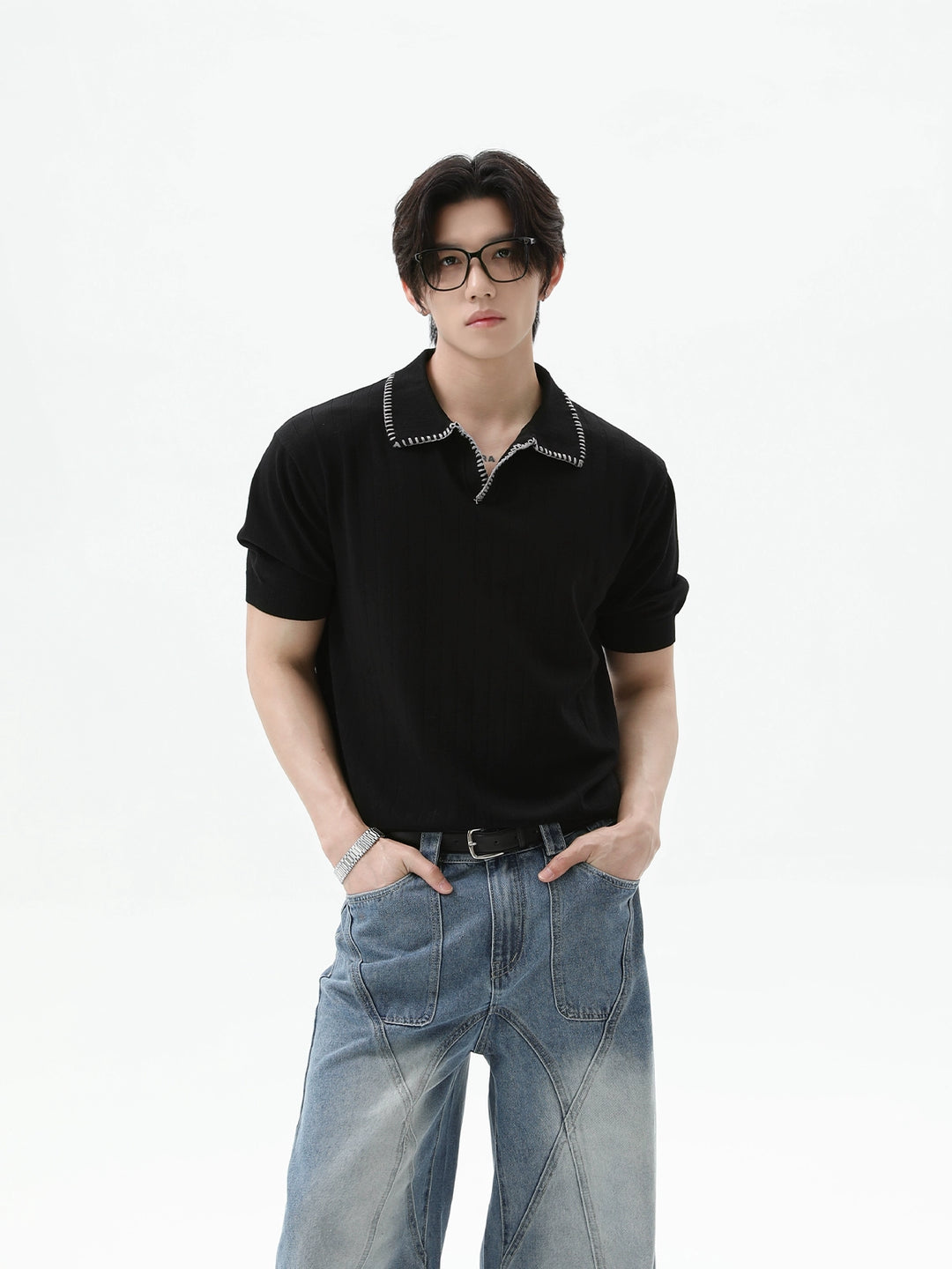 Stitching Lapel Knitted Polo Shirt
