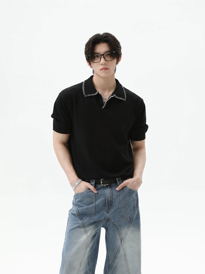 Stitching Lapel Knitted Polo Shirt
