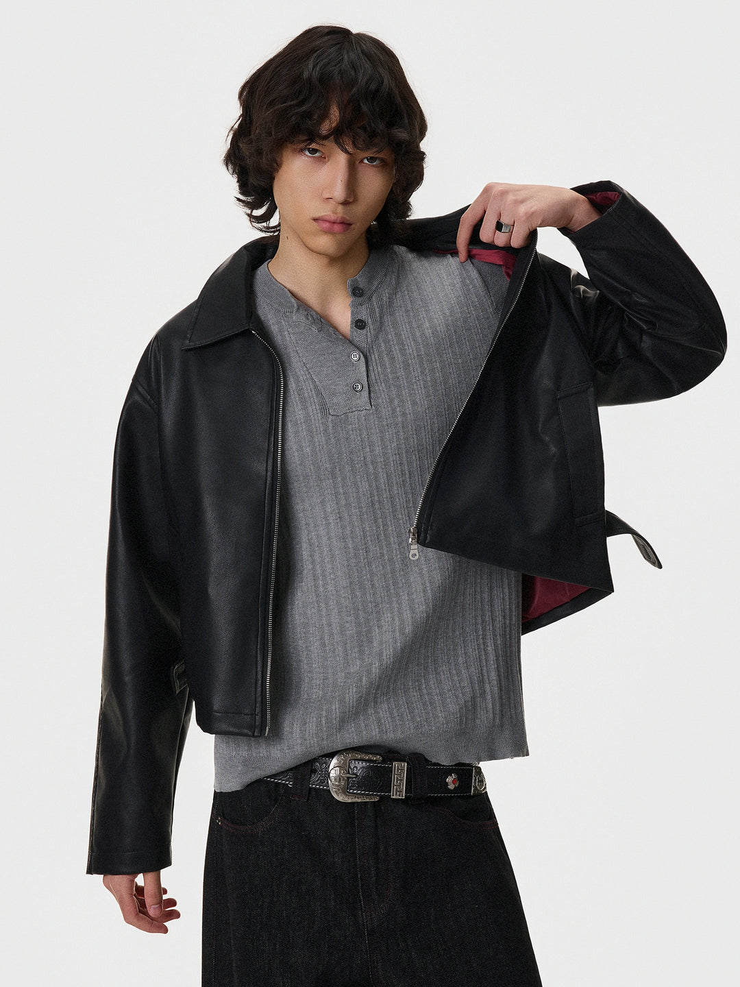 Lined Bomber Leather Short Jacket
