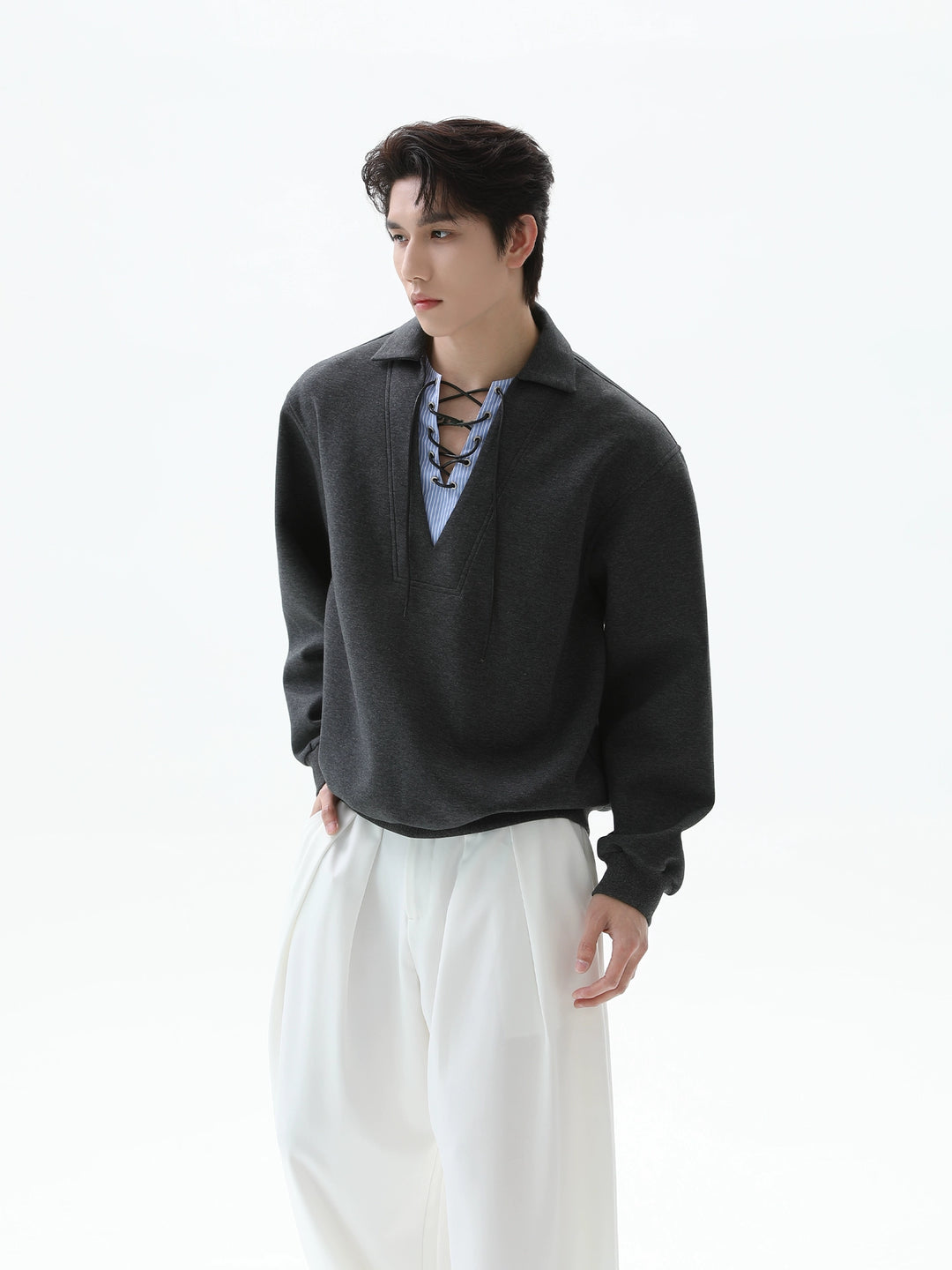 Splicing Lapel Tie Rope Pullover