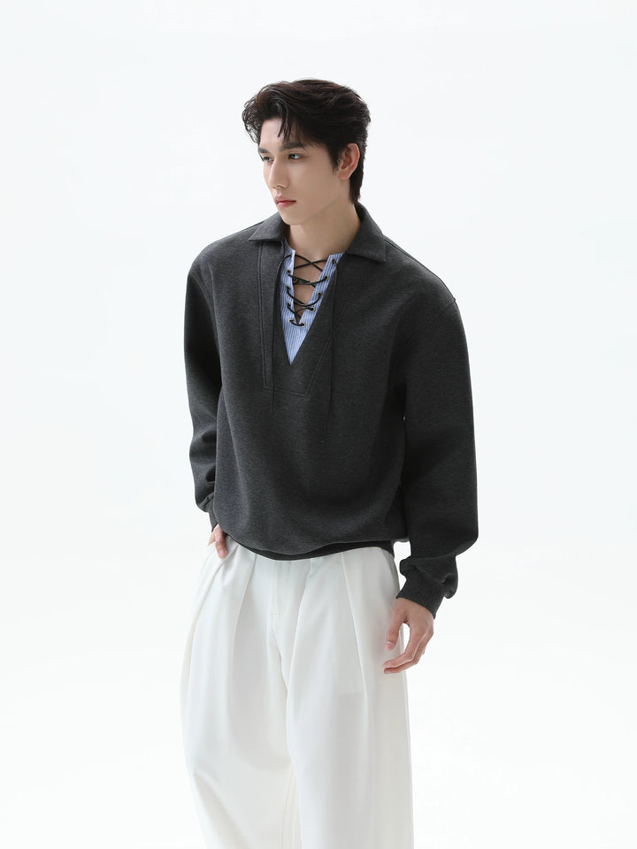 Splicing Lapel Tie Rope Pullover