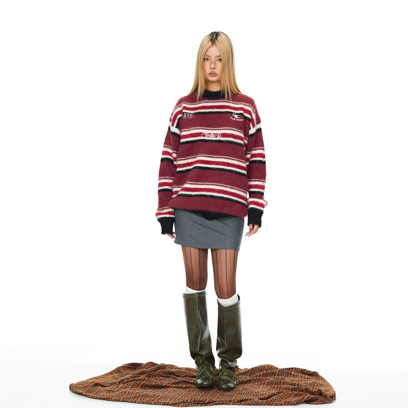 Striped Embroidered Loose Knit Sweater