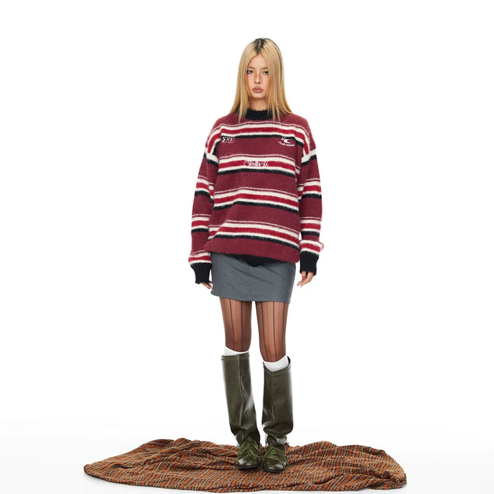 Striped Embroidered Loose Knit Sweater