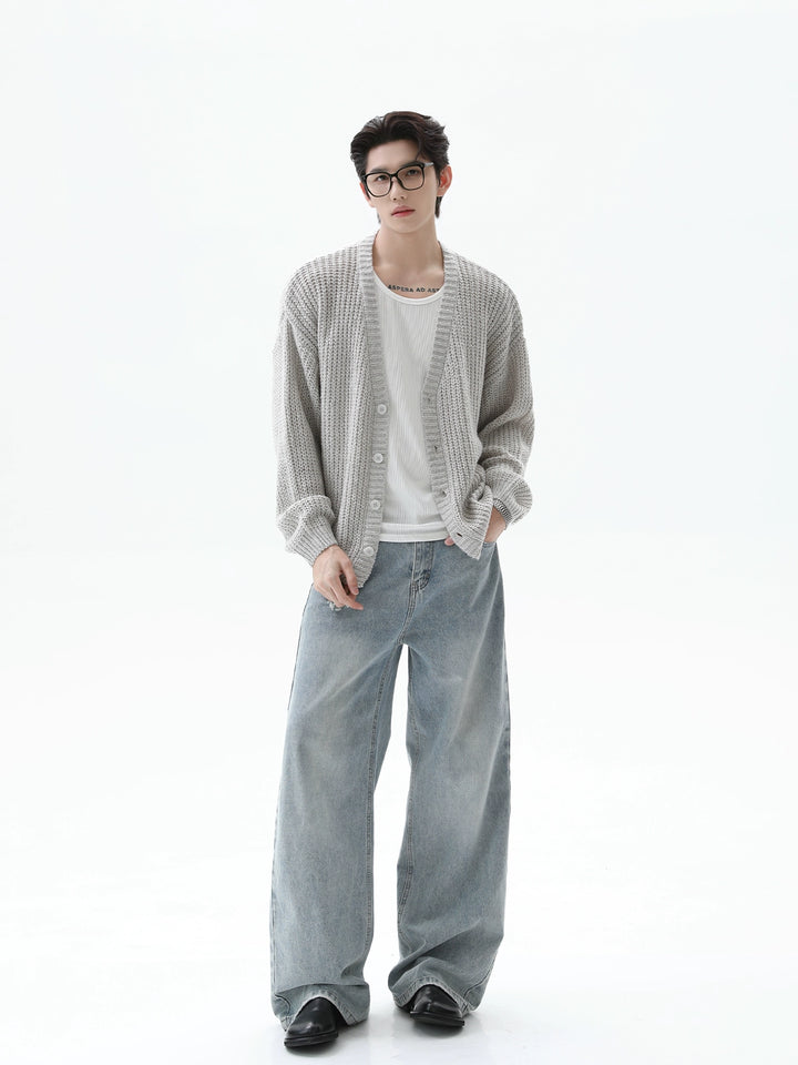 Textured Wool Knit V-Neck Cardigan
