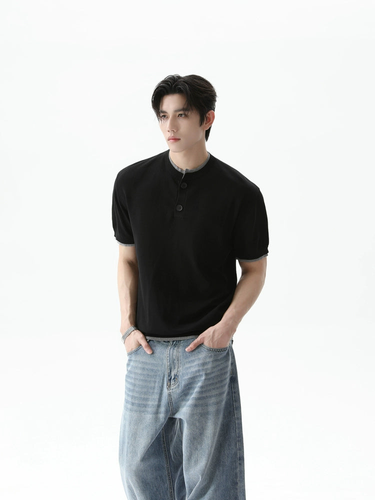Knitted Henley Collar Short Sleeve Pullover