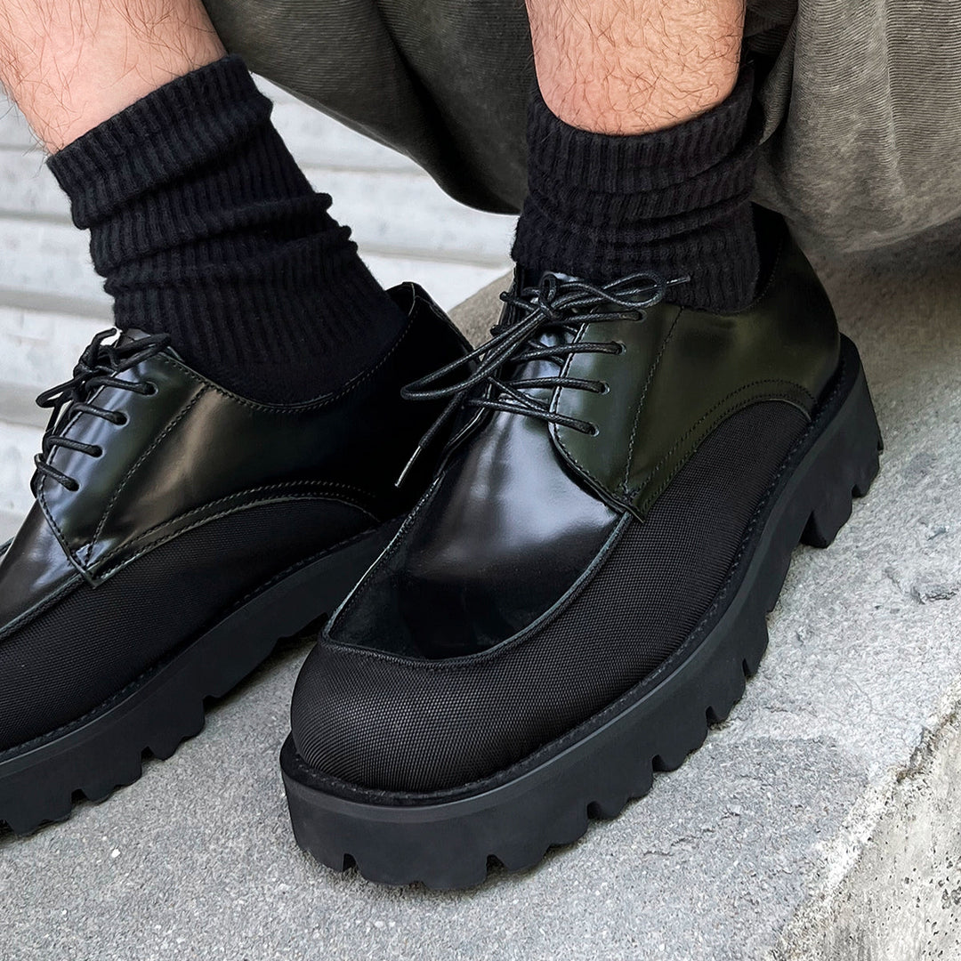 Canvas Leather Square Toe Derby Shoes