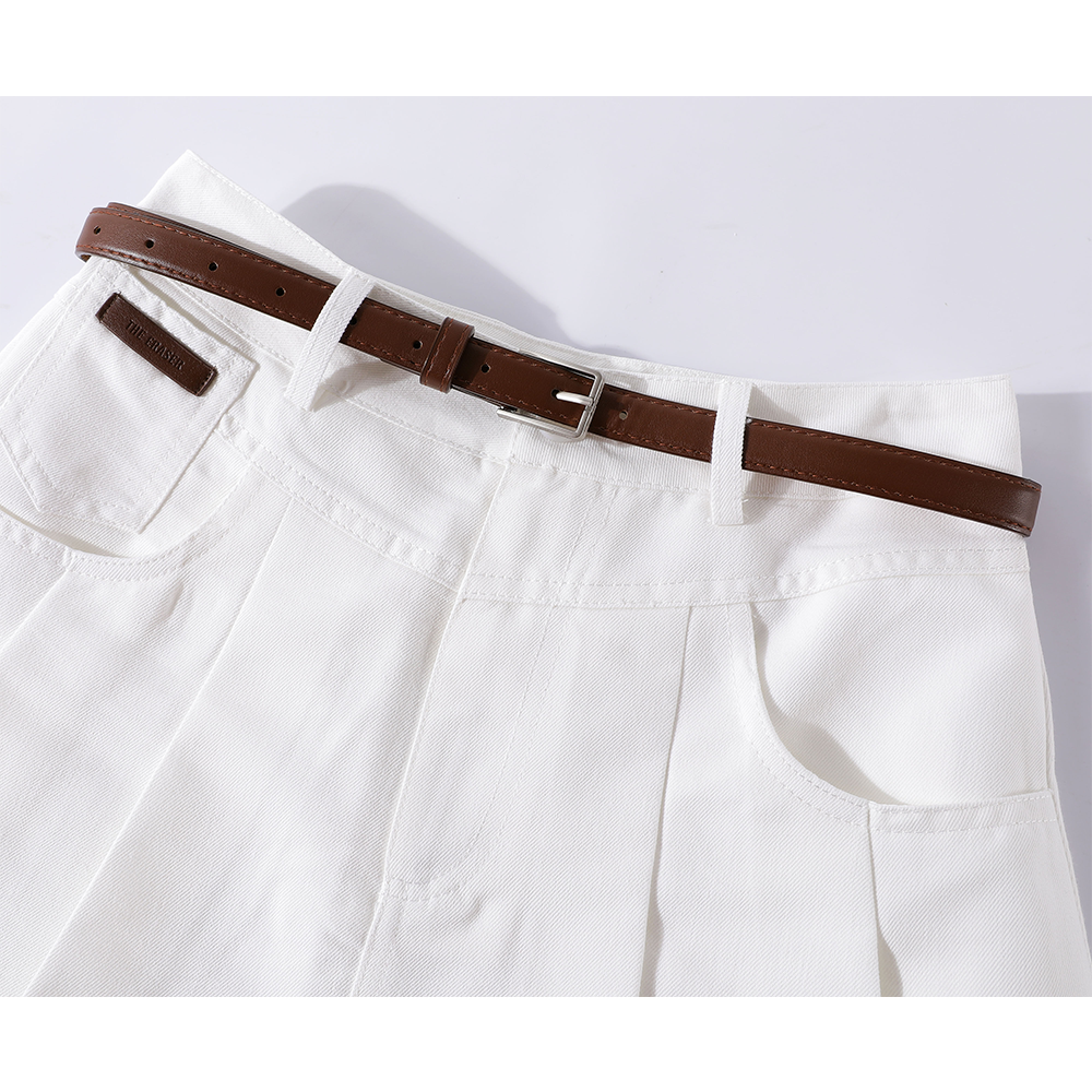 High Waist Pleated Denim Casual Skirt With Belt