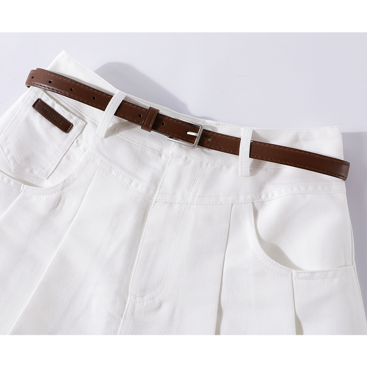 High Waist Pleated Denim Casual Skirt With Belt