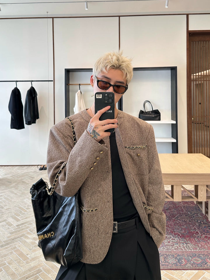 Chain Detail Loose Tweed Jacket
