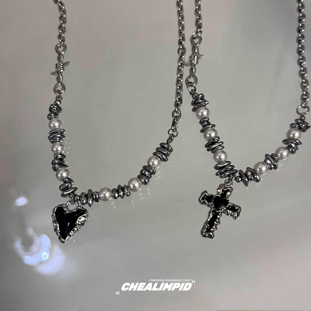 Irregular Titanium Steel Pearl Cross Necklace