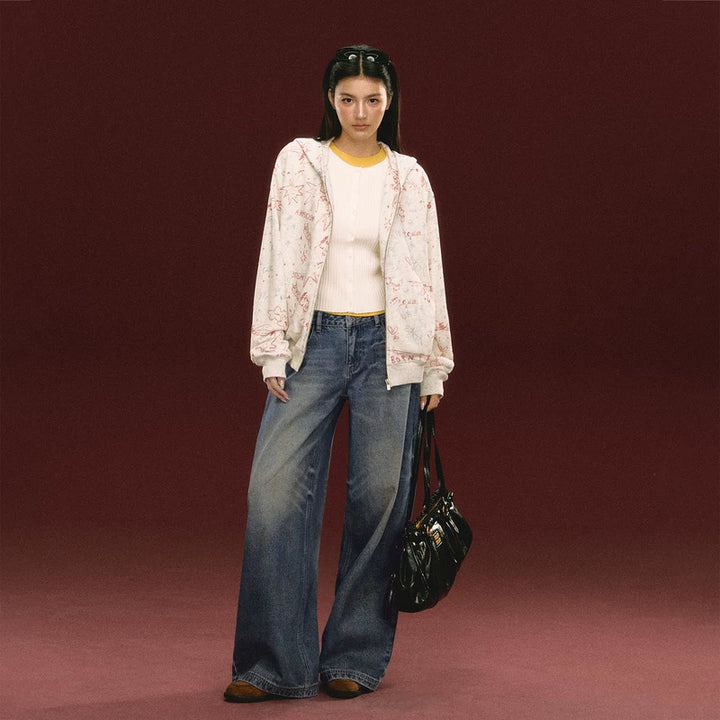 Retro Washed Wide Leg Jeans (No Belt Included）