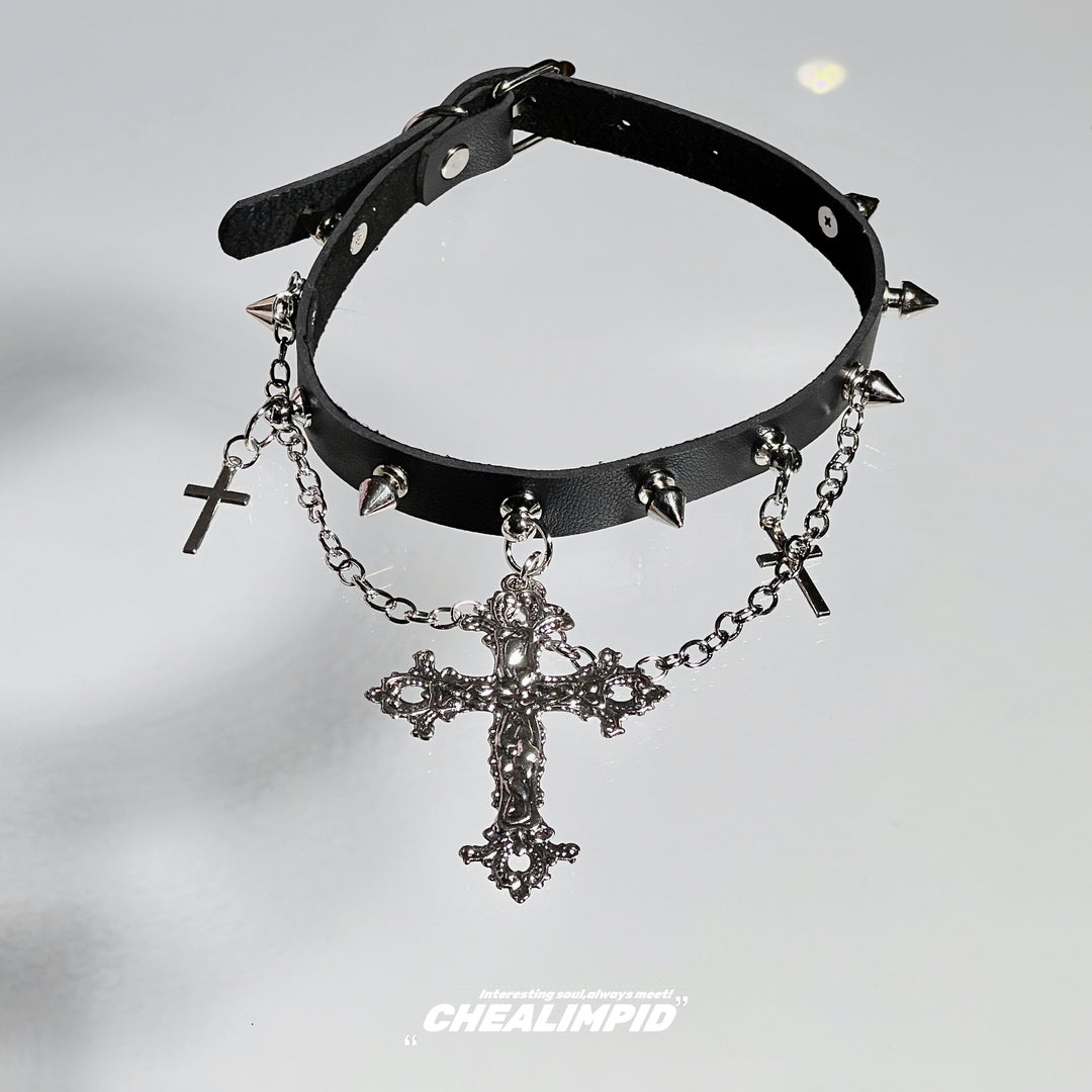 Punk Cross Rivet Chain Choker Necklace
