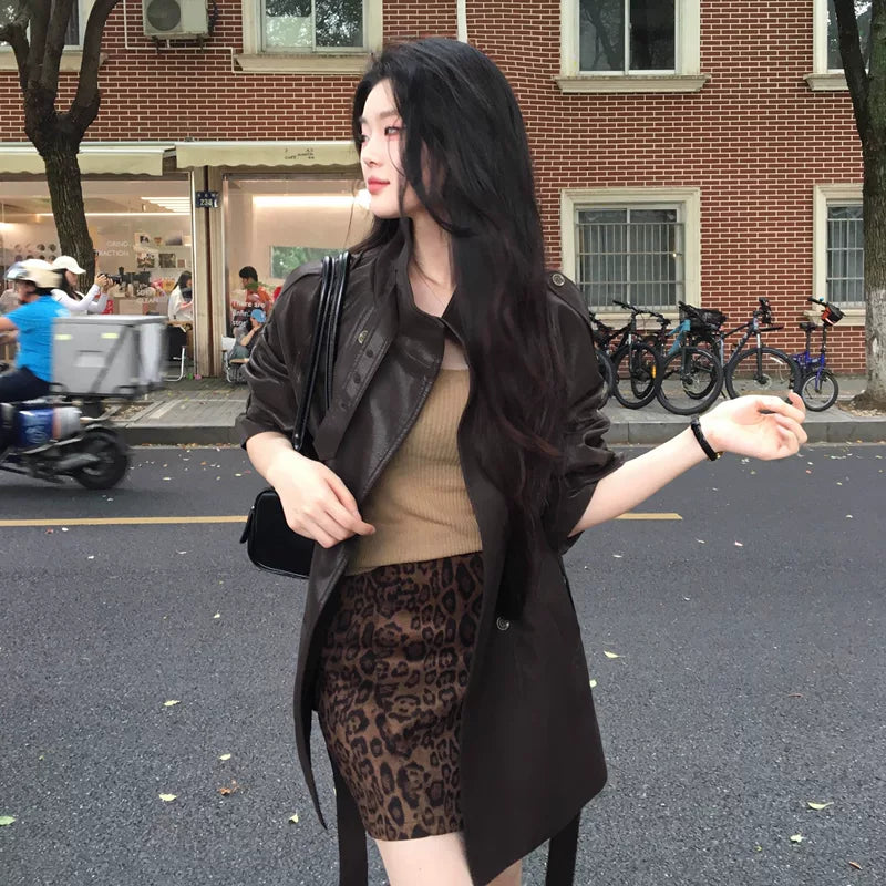 PU Leather Belted Stand Collar Trench