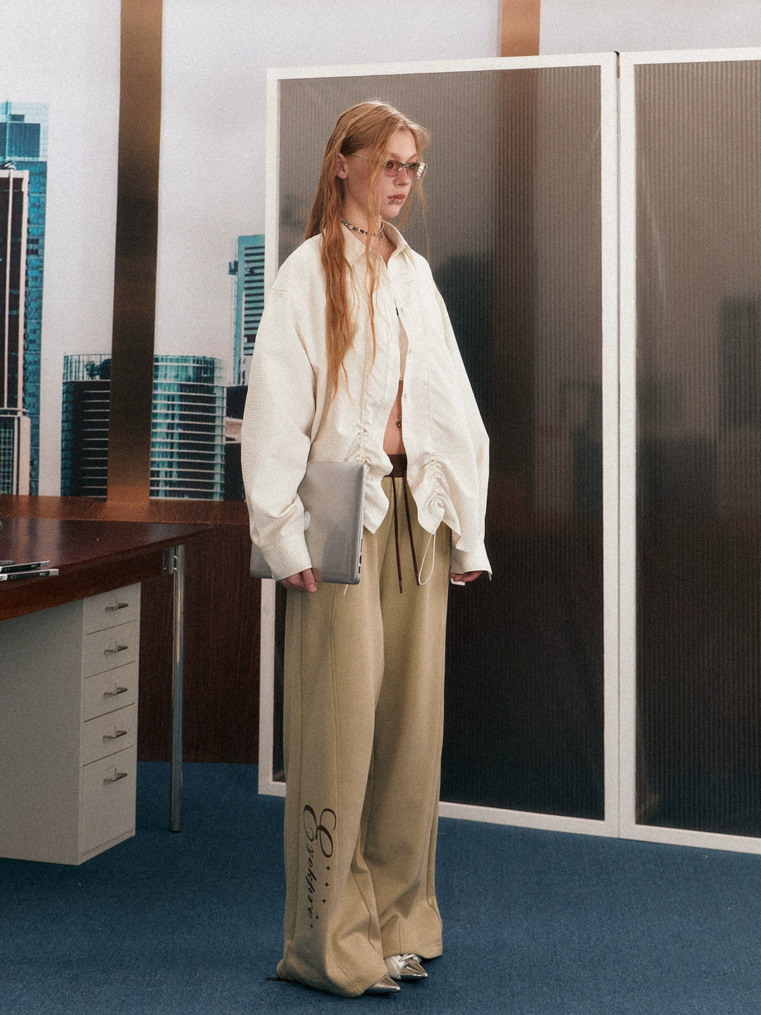 Giacca a camicia oversize a righe con cordoncino 