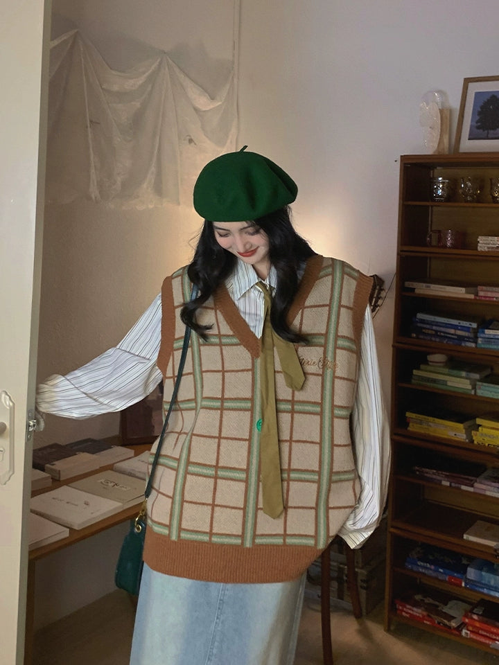 Gilet in maglia retro a V in plaid 