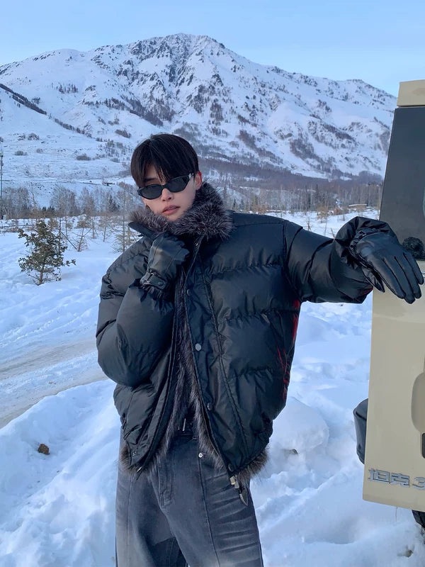 Куртка-пуховик из PU-кожи с воротником из искусственного меха 