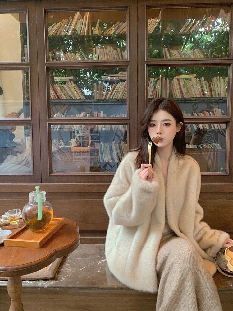 Imitation Mink Fur V-Neck Coat