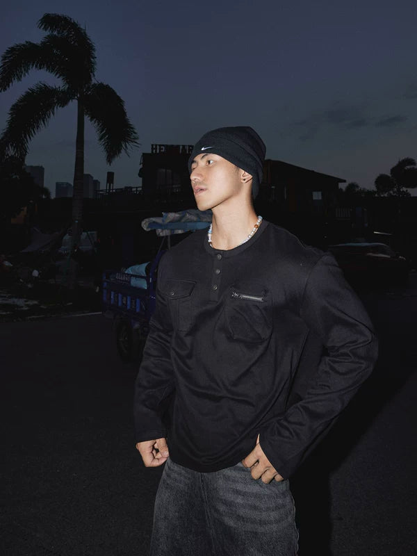 Double Pockets Henley Long Sleeve T-Shirt