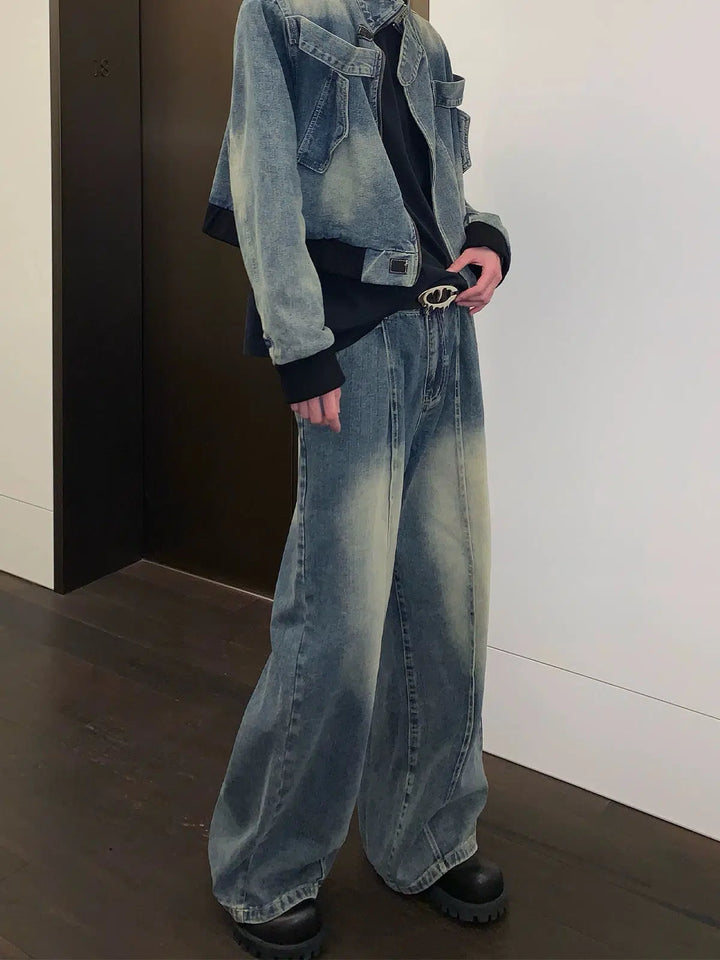 Washed Distressed Wide-Leg Jeans