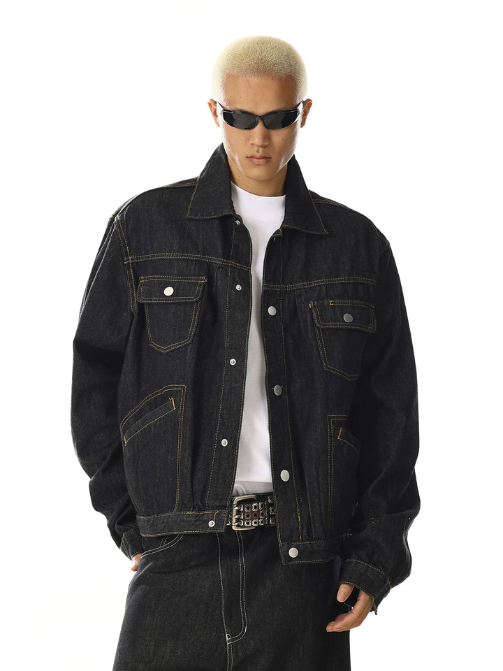 Retro Lockere Passform Jeansjacke mit Taschen 