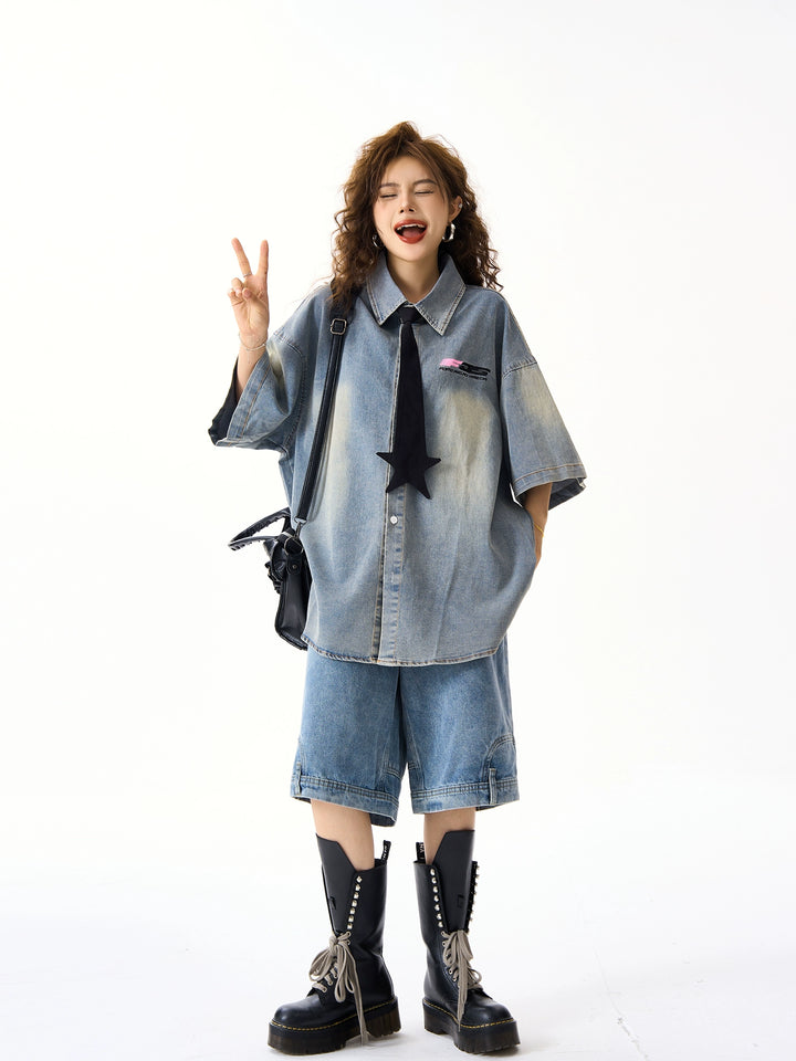Oversized Denim Short Sleeve Button Shirt