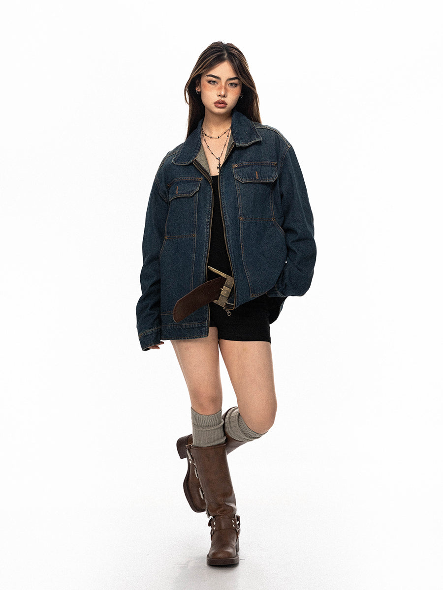 Džínová vyšívaná distressed casual bunda 