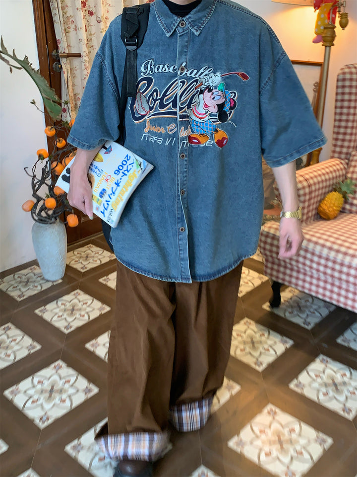 Embroidered Cartoon Denim Short-Sleeve Shirt