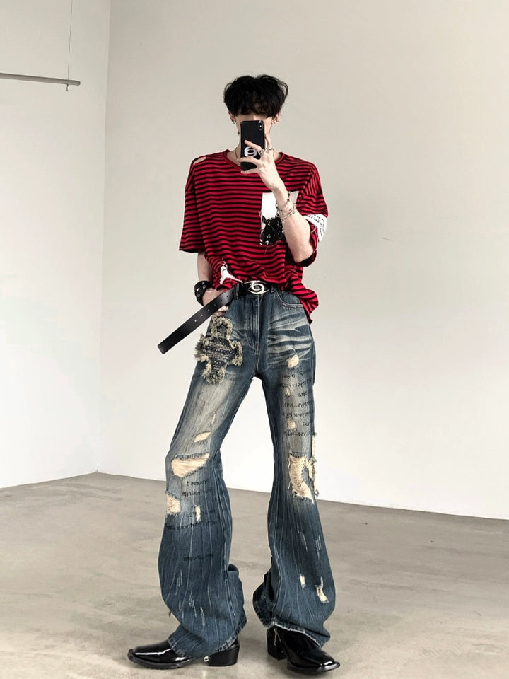 Striped Punk Ripped Portrait Patch T-shirt