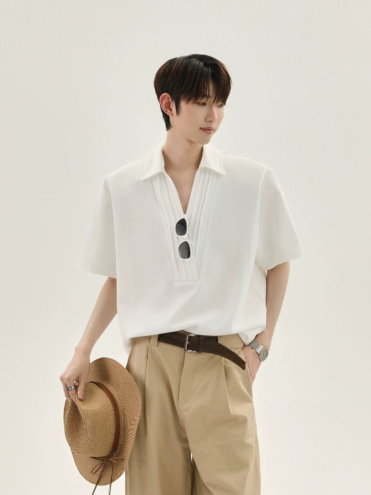 Pleated V-Neck Short Sleeve Pullover
