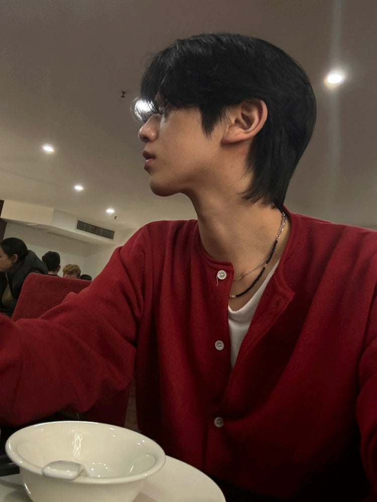 Red Knitted Cardigan with Button Front