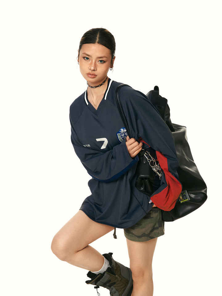Retro V-Neck Long-Sleeve Jersey Top