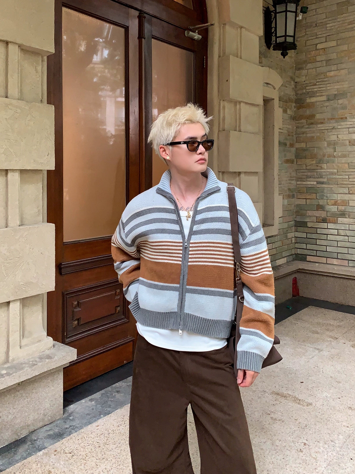 Stand Collar Striped Knitted Cardigan