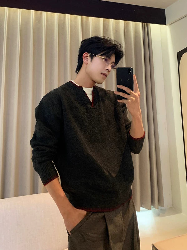 Knit Pullover Sweater with Contrast Trim 2