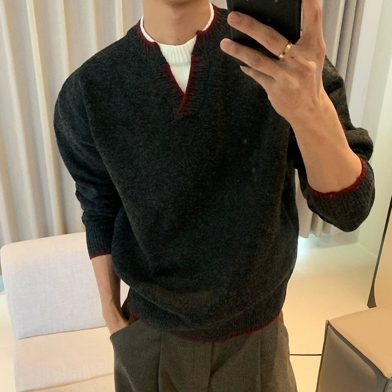 6179044842264,6179044842265,6179044842266, Knit Pullover Sweater with Contrast Trim