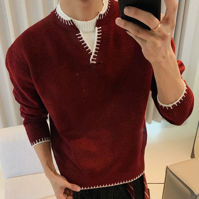 6179044842267,6179044842268,6179044842269, Knit Pullover Sweater with Contrast Trim