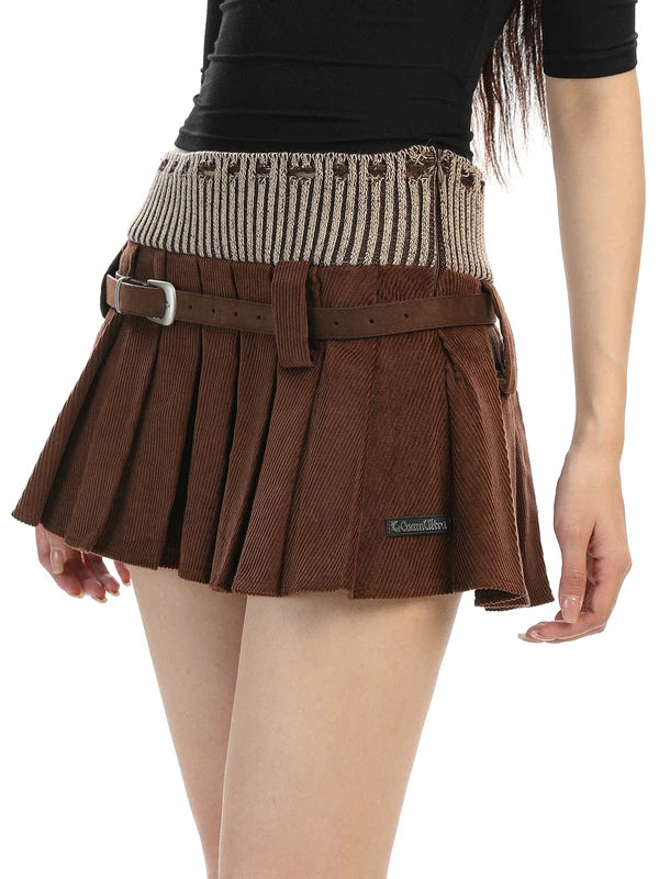 Knitted Corduroy Pleated Mini Skirt with Belt 3