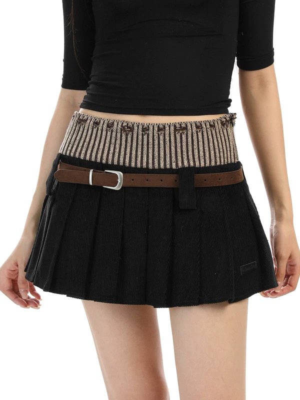 Knitted Corduroy Pleated Mini Skirt with Belt 4