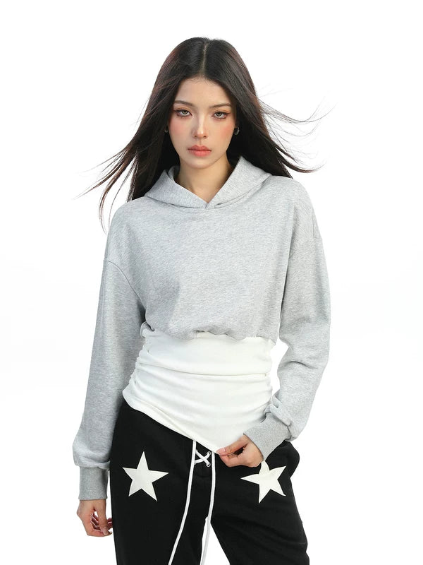 ,6181663179826,6181663179827,6181663179828, Korean Style Faux Layered Crop Hoodie