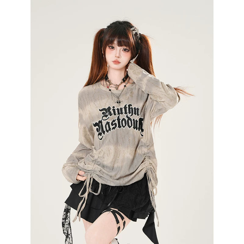 Korean Style Graphic Drawstring Pullover Top 3