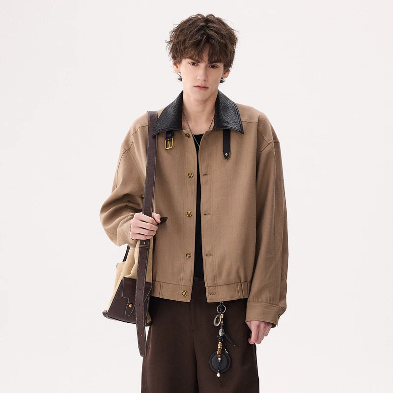 6024717924804,6024717924806,6024717924808,6024717924810, Korean Style Woven Leather Collar Jacket