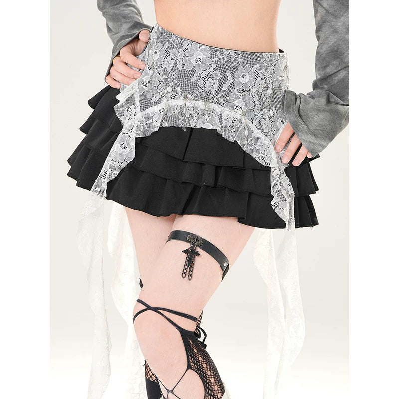 Lace Overlay Tiered Ruffle Mini Skirt 3