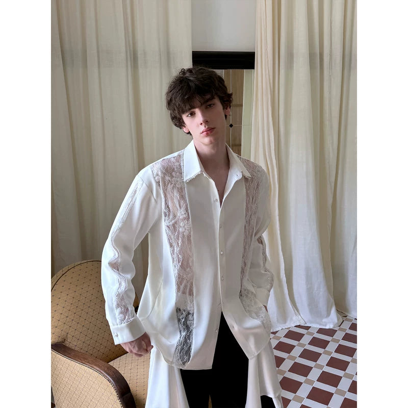 Lace Panel Long Sleeve Shirt with Beaded Collar 2