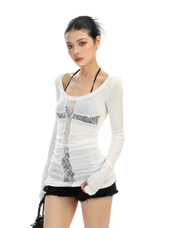 ,6182913862587,6182913862588,6182913862589, Lace Panel Long-Sleeve Slim Fit Top