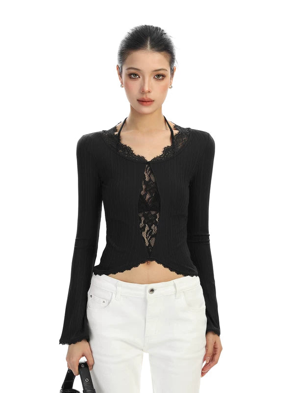 Lace Panel Ribbed Long Sleeve Knit Top 3