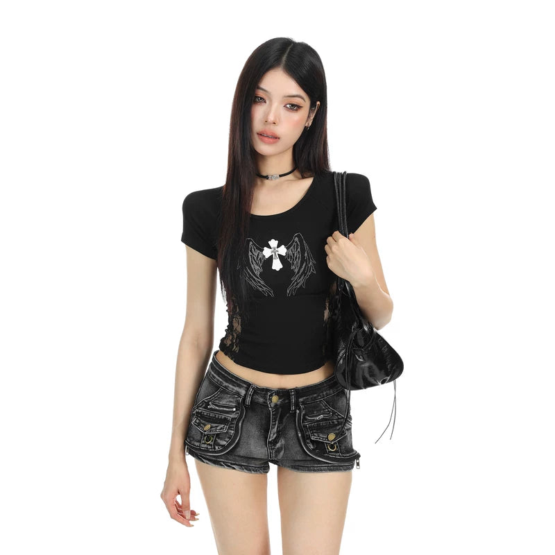 6205964586680,6205964586681,6205964586682, Lace Patchwork Off-Shoulder Slim Crop Top