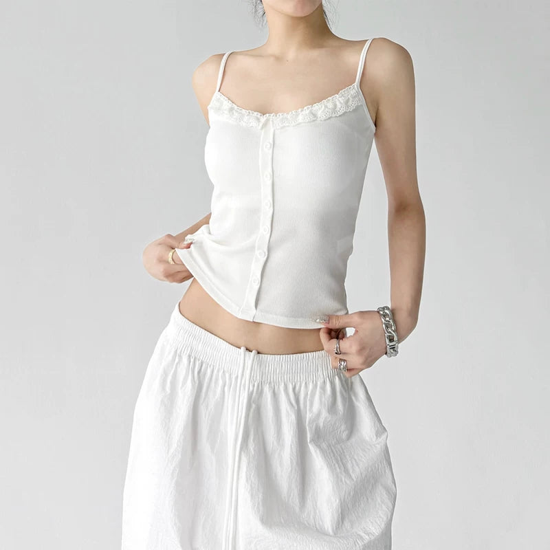6040539921274, Lace Trim Button Front Camisole Top