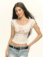 Lace Trim Graphic Scoop Neck T-Shirt 2