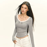 Lace Trim Long Sleeve Scoop Neck Top 3