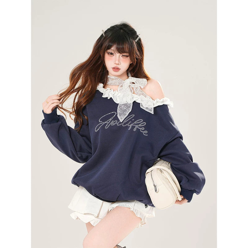 Lace Trim Off-Shoulder Pullover Sweatshirt 3